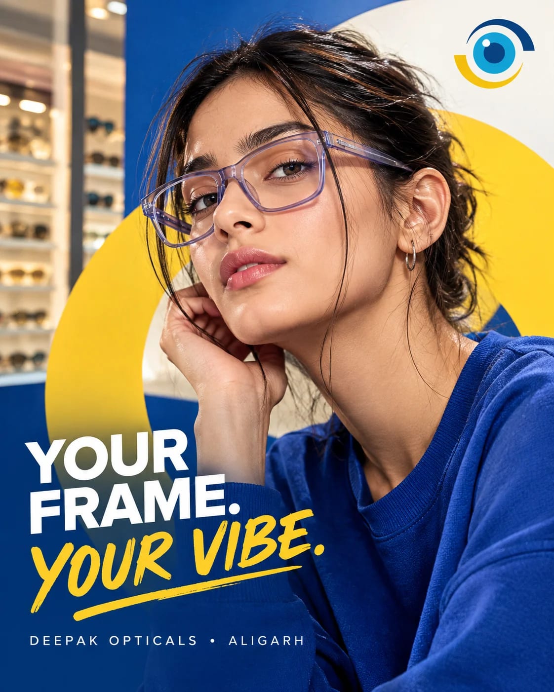Woman in transparent purple rectangular eyeglasses, hand on cheek, in front of an eyewear display, Your Frame, Your Vibe poster by Deepak Optical, Aligarh