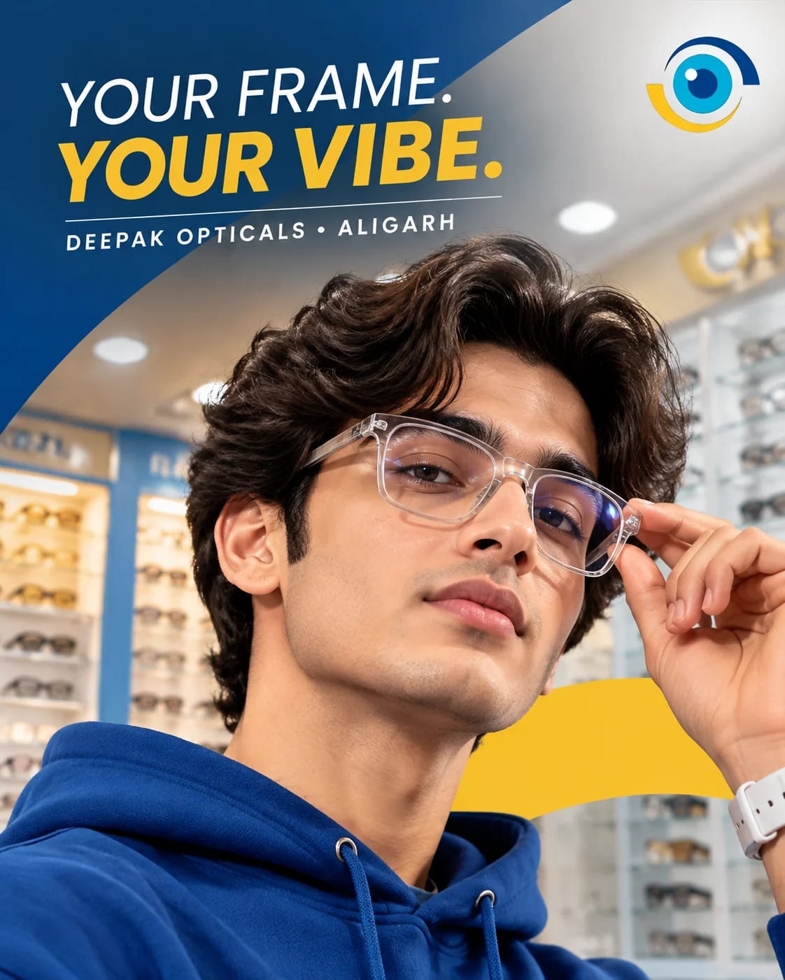 Young man adjusting clear rectangular eyeglasses in an optical showroom, Your Frame, Your Vibe poster by Deepak Optical, Aligarh