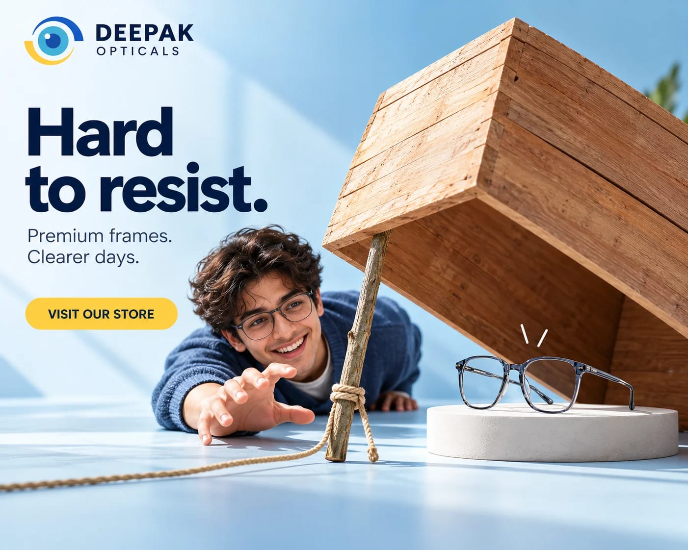 Smiling man in glasses reaching for a pair of grey-blue frames on a plinth under a propped wooden crate, Hard to Resist poster by Deepak Optical