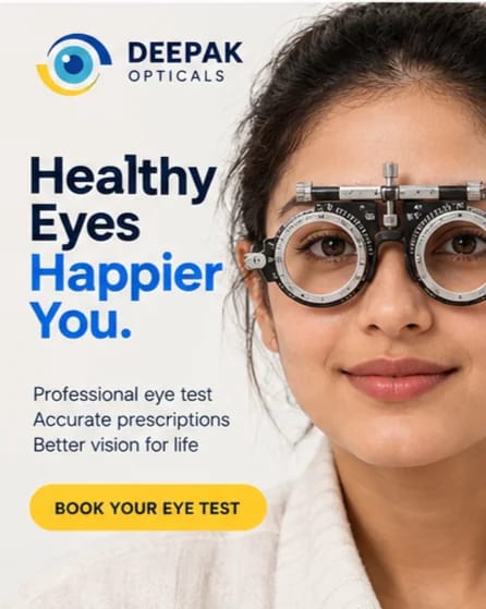Woman wearing a trial frame during an eye test, Healthy Eyes Happier You poster for professional eye tests at Deepak Optical, Aligarh