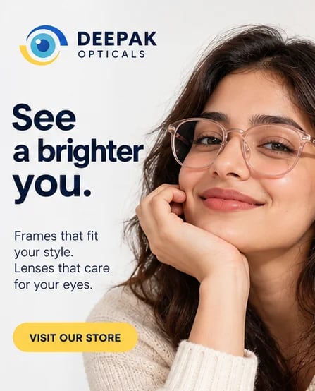 Smiling woman in light pink round eyeglasses resting her chin on her hand, See a Brighter You poster by Deepak Optical, Aligarh