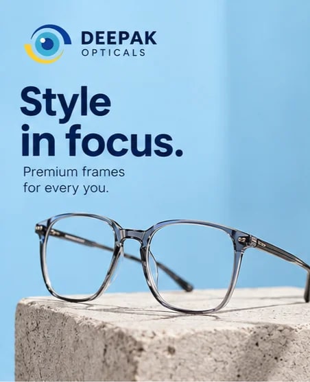 Grey-blue transparent eyeglass frames on a stone block against a blue background, Style in Focus poster by Deepak Optical, Aligarh