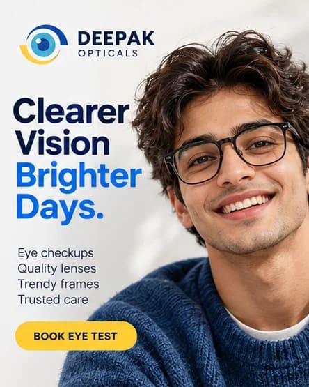 Smiling man in black rectangular glasses and a blue sweater, Clearer Vision Brighter Days poster for eye checkups, lenses and frames at Deepak Optical