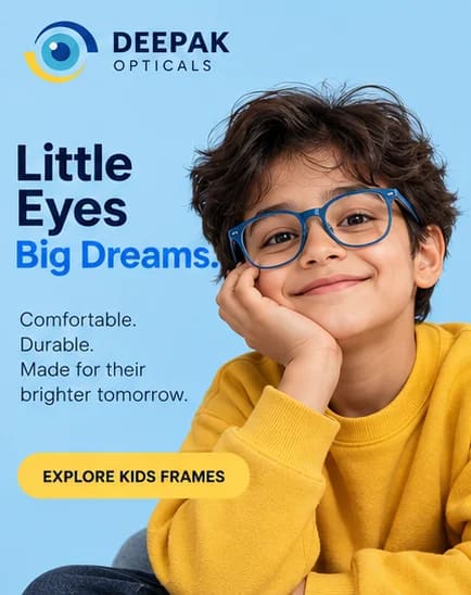 Smiling boy in blue kids eyeglasses and a yellow sweatshirt, Little Eyes Big Dreams poster for children's frames at Deepak Optical, Aligarh