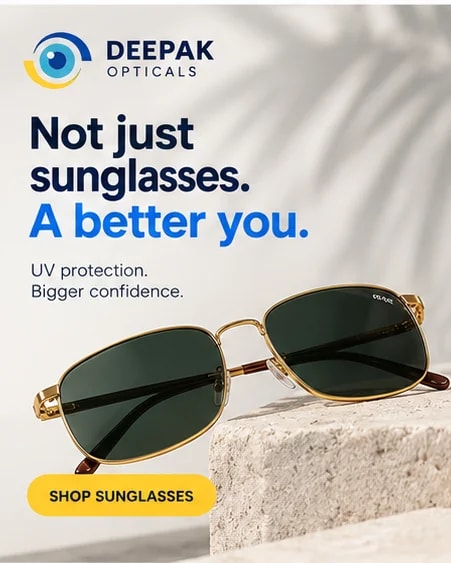 Gold-framed green-lens sunglasses on a stone block, Not Just Sunglasses poster for UV protection sunglasses at Deepak Optical, Aligarh