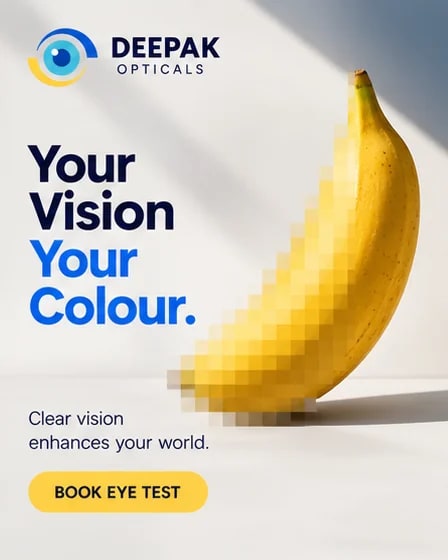 Pixelated banana beside the headline Your Vision Your Colour, clear vision poster with a book-an-eye-test call to action from Deepak Optical