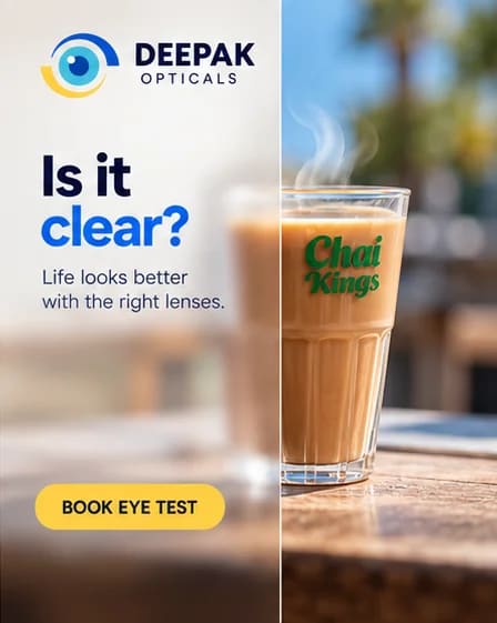 Split image of a blurred and a sharp glass of chai, Is it clear poster promoting eye tests at Deepak Optical, Aligarh
