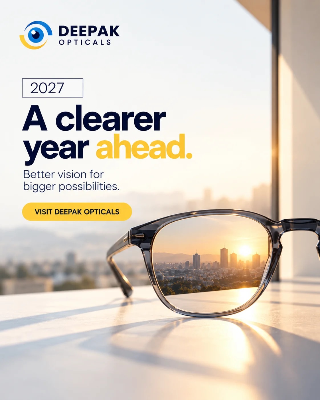 Grey transparent eyeglasses on a window ledge showing a sharp sunset city skyline through the lens, A Clearer Year Ahead 2027 poster by Deepak Optical, Aligarh