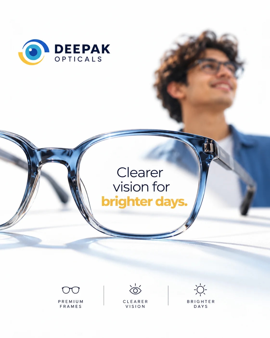 Blue transparent eyeglasses in focus with a smiling man in glasses blurred behind, Clearer vision for brighter days poster by Deepak Optical, Aligarh