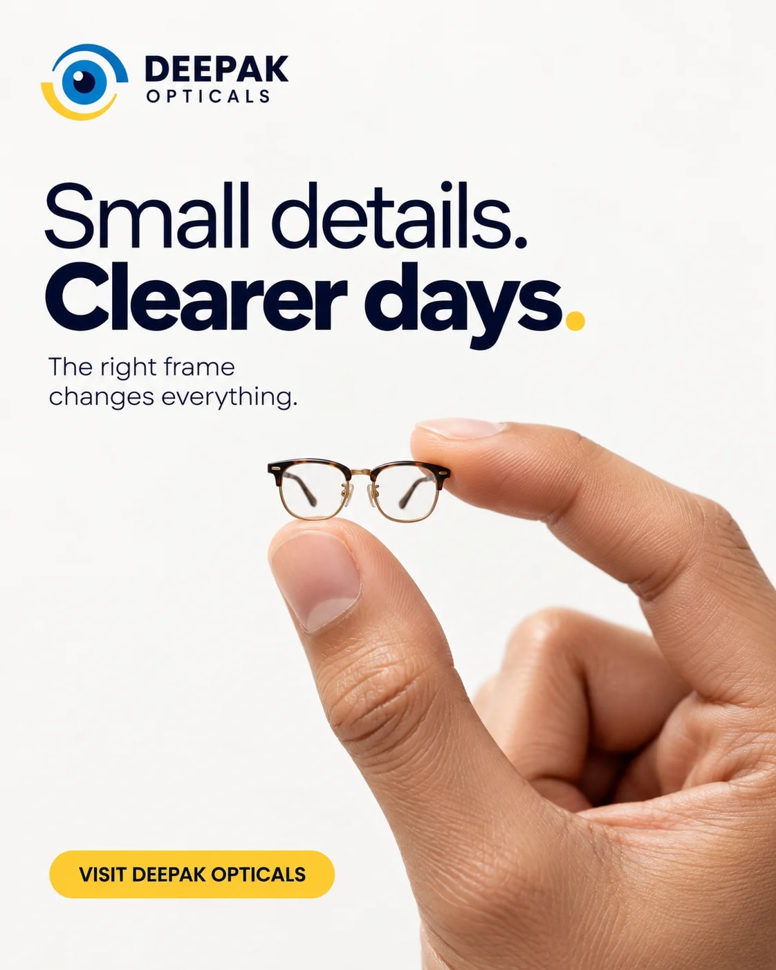 Hand holding a tiny tortoiseshell and gold browline eyeglass frame between two fingers, Small Details Clearer Days poster by Deepak Optical, Aligarh