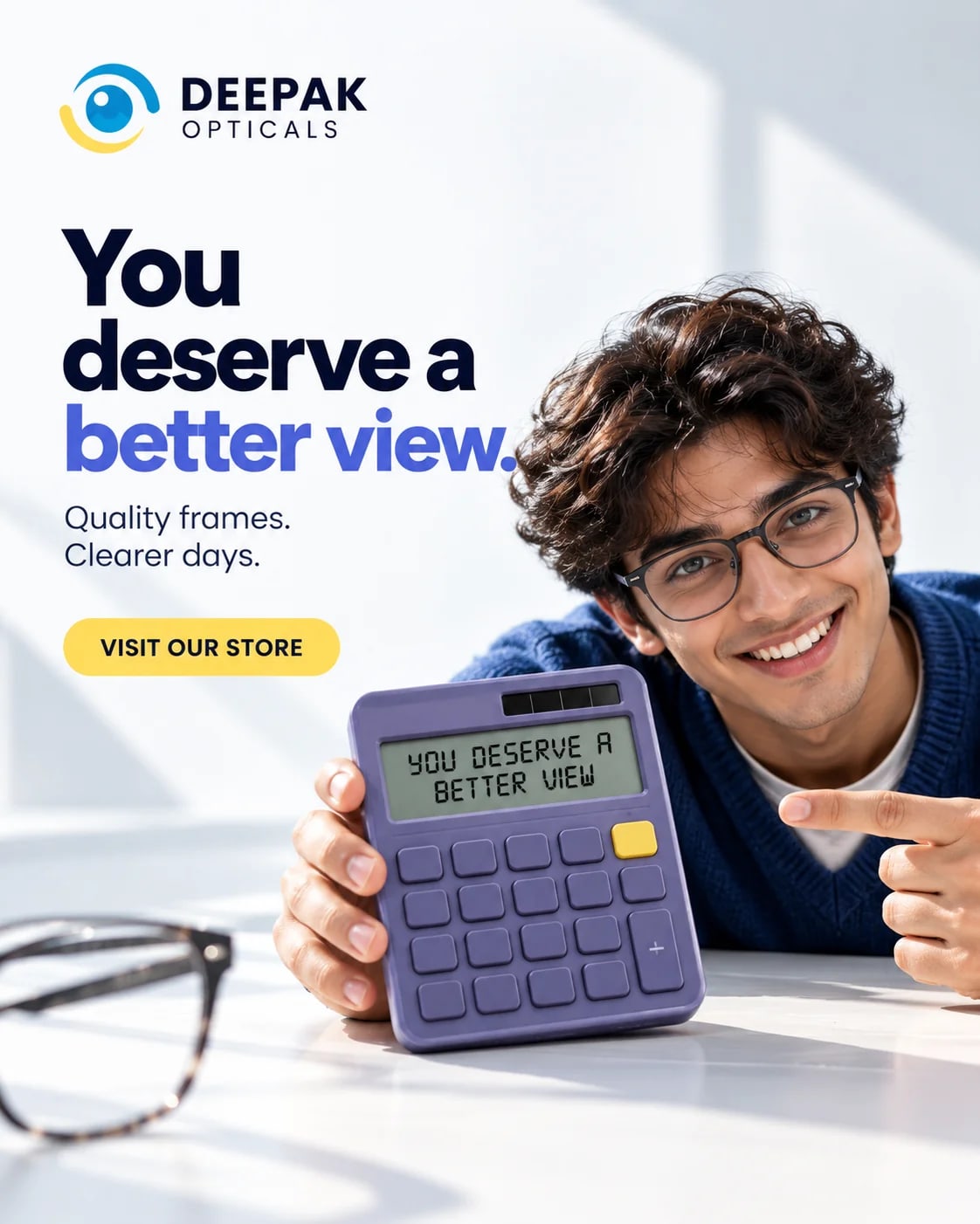 Smiling young man in glasses pointing at a purple calculator reading You Deserve a Better View, poster for quality frames at Deepak Optical, Aligarh