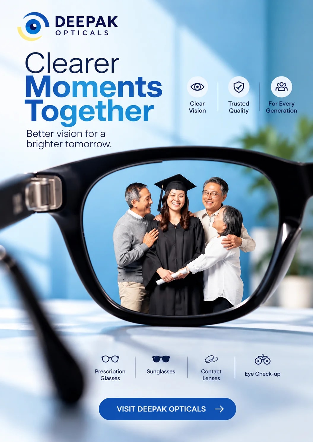 Family with a graduate seen through the lens of black eyeglasses, Clearer Moments Together poster for prescription glasses, sunglasses, contact lenses and eye check-ups at Deepak Optical, Aligarh