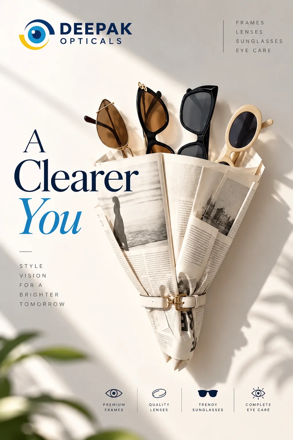 Four pairs of sunglasses wrapped like a bouquet in newspaper, A Clearer You poster for frames, lenses, sunglasses and eye care at Deepak Optical, Aligarh