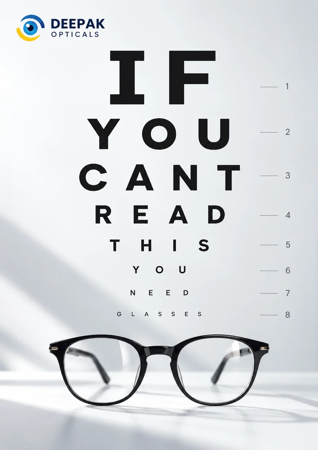 Eye chart with rows shrinking from IF YOU CANT READ THIS YOU NEED GLASSES above a pair of black round eyeglasses, Deepak Optical, Aligarh eye test poster