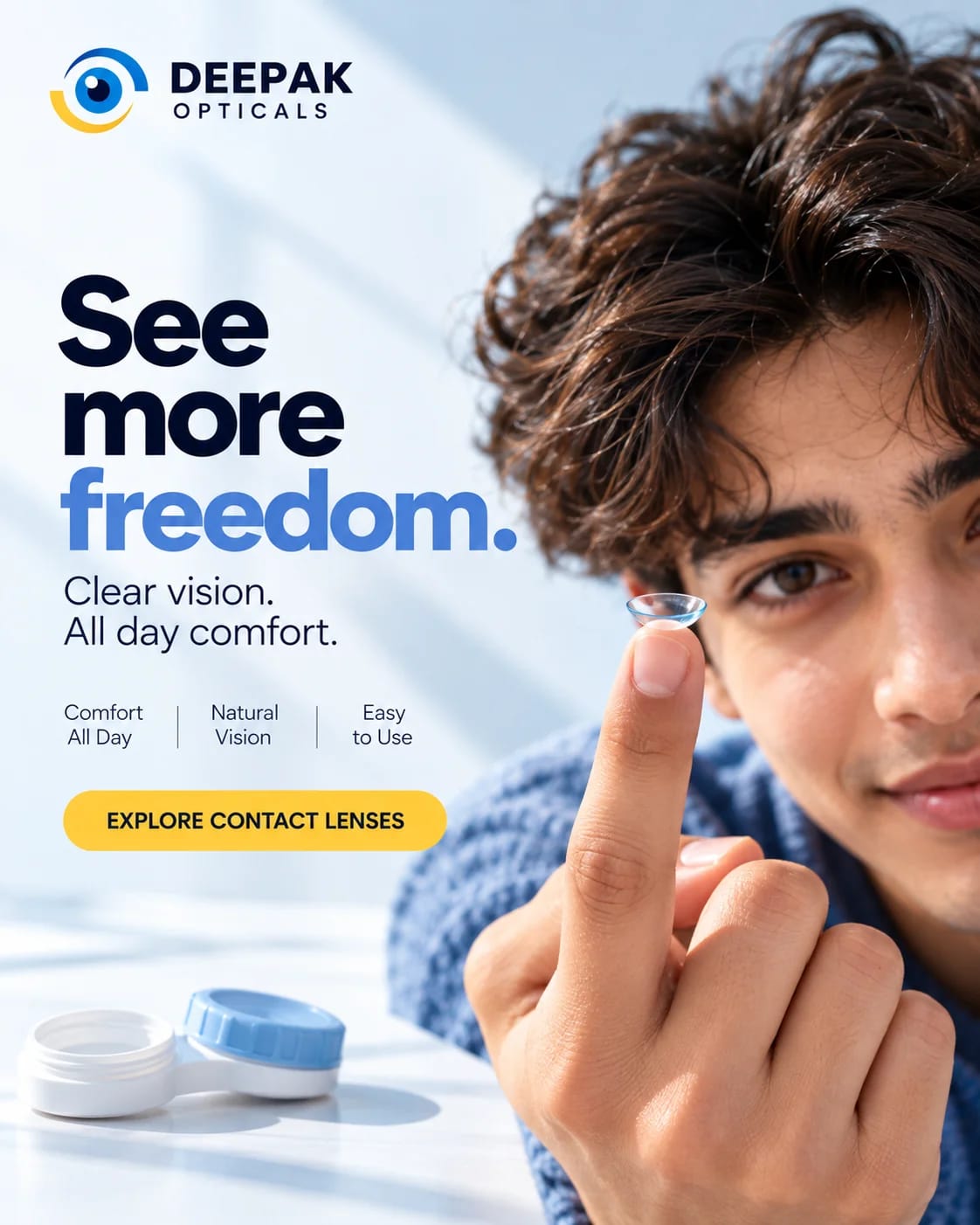 Young man holding a contact lens on his fingertip beside a lens case, See More Freedom contact lenses poster by Deepak Optical, Aligarh